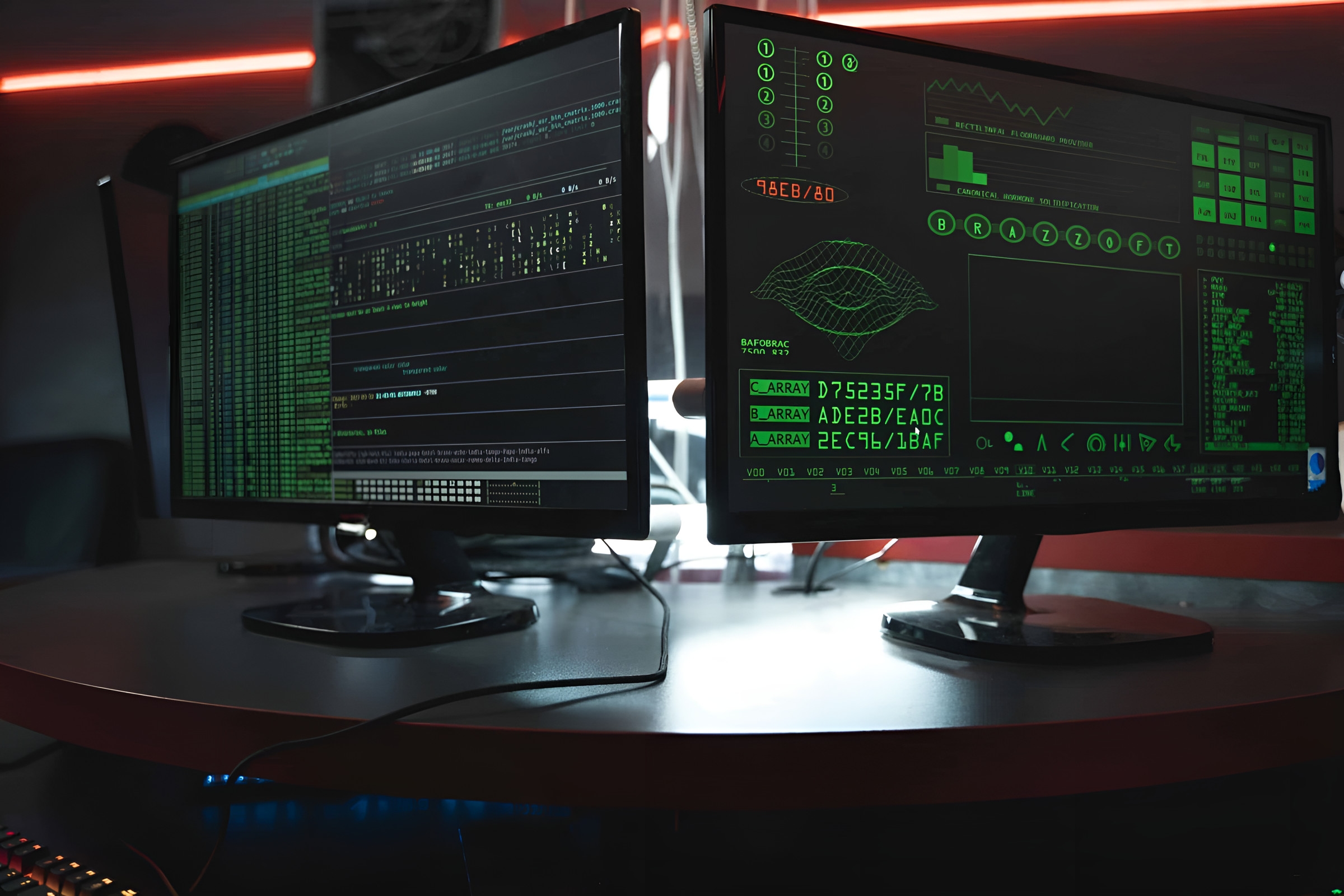 Two monitors showing lines of code and network data