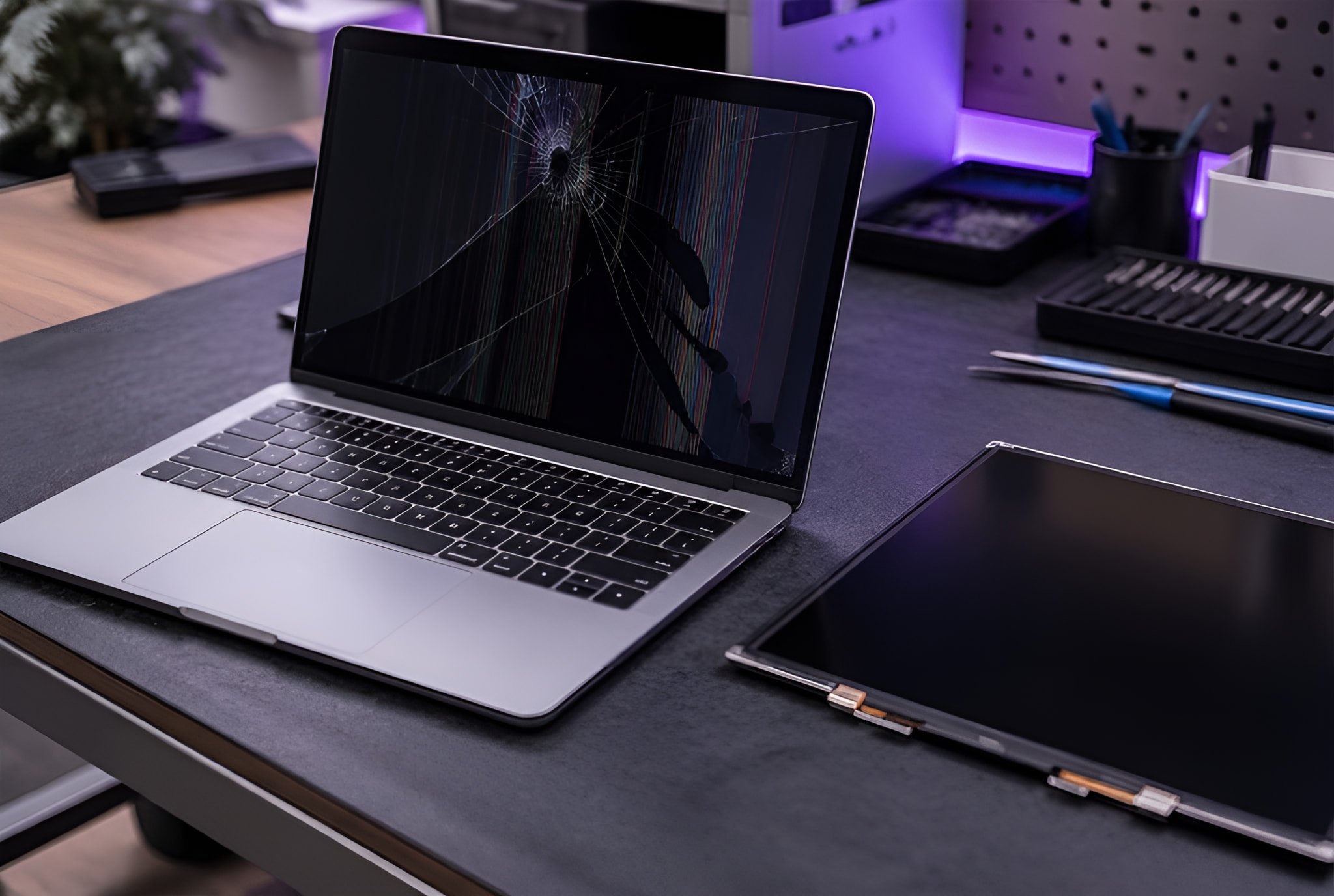 MacBook with a cracked screen next to a new screen