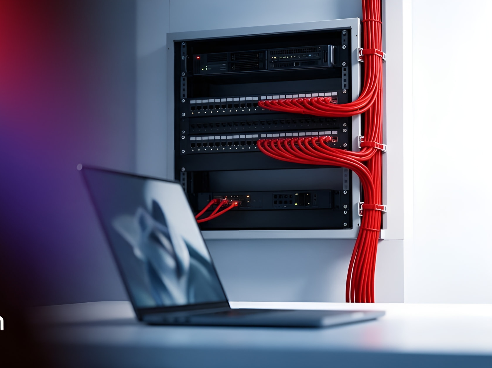 Network cabinet with red patch cables beside a laptop