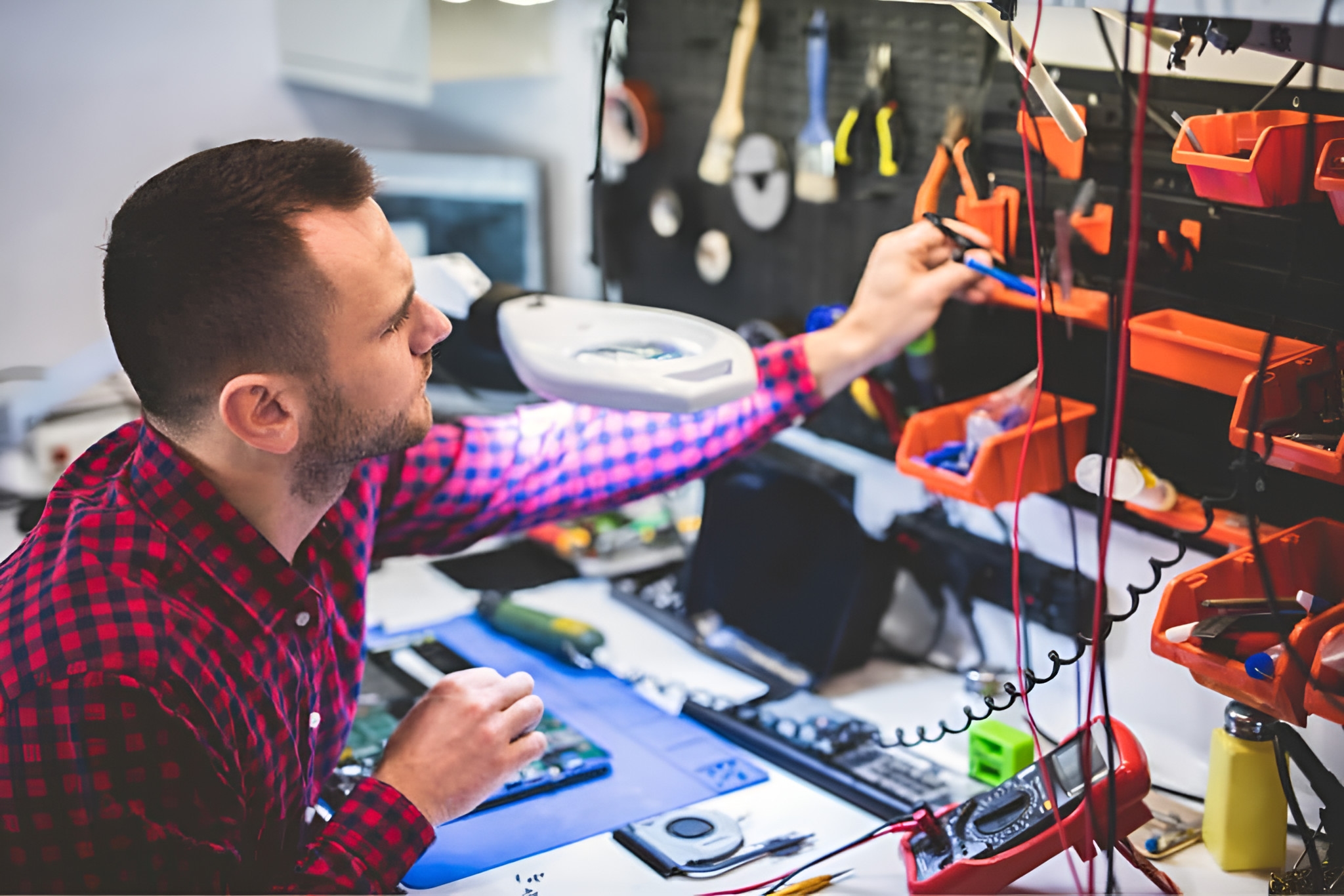 A technician at an electronics workbench with a circuit board and a multimeter