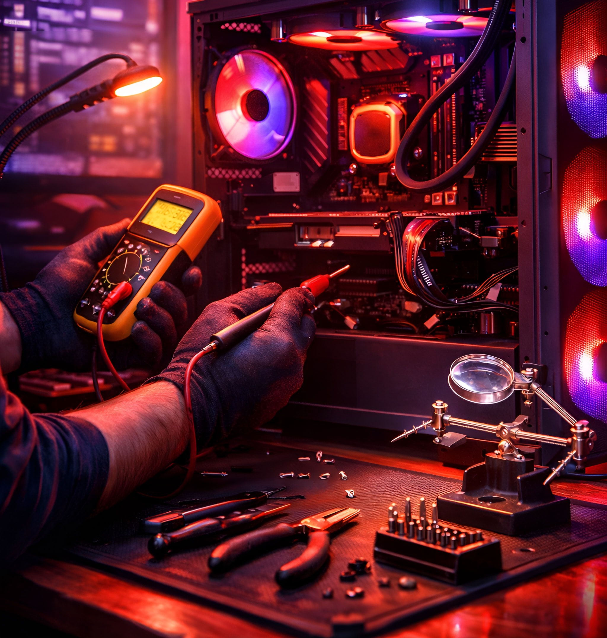 Gaming PC with red lighting being tested