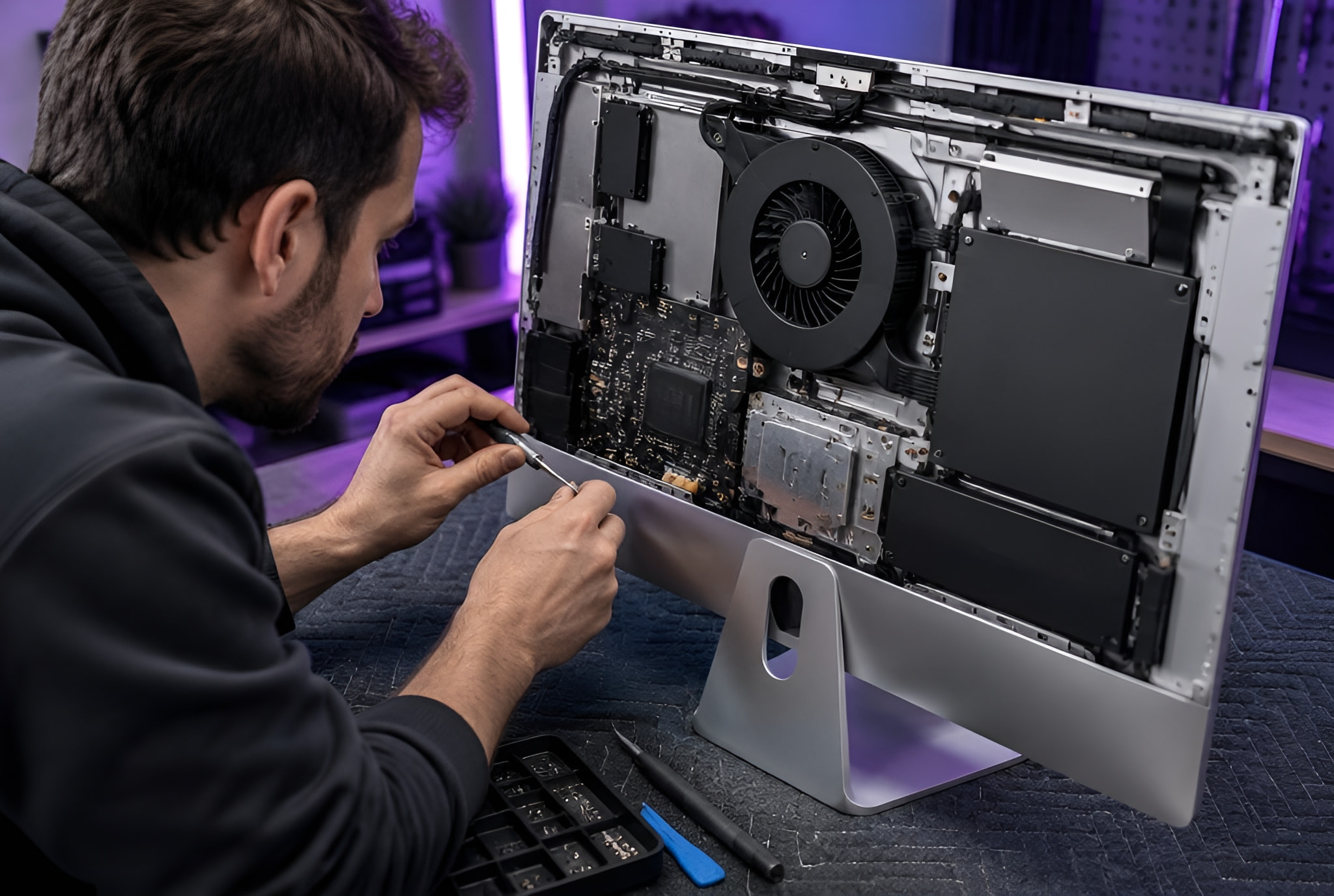 iMac opened at the back on a workbench