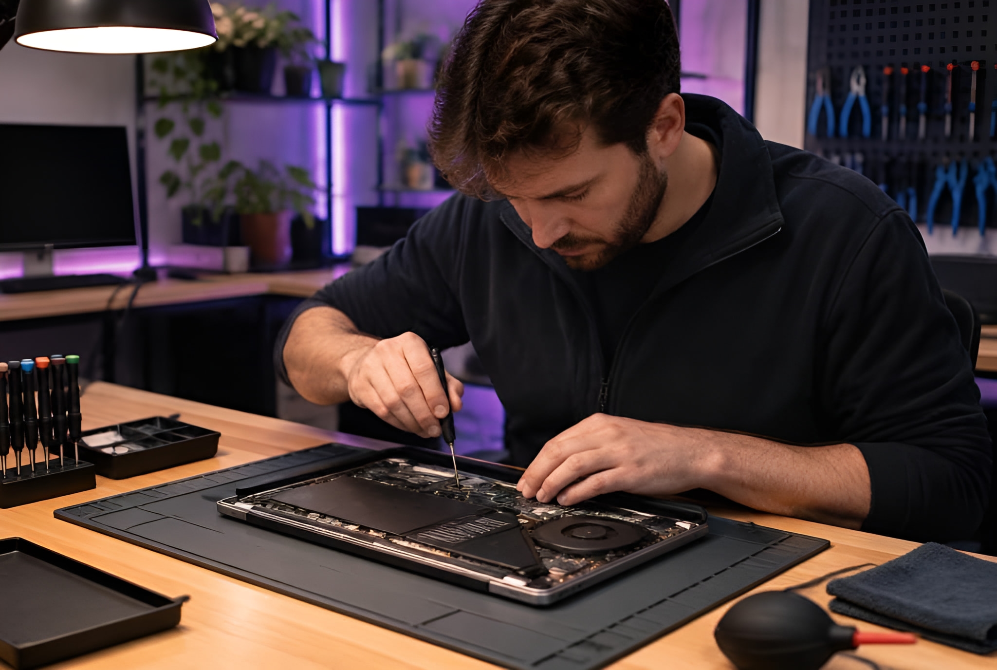 Laptop opened up for repair on a workbench