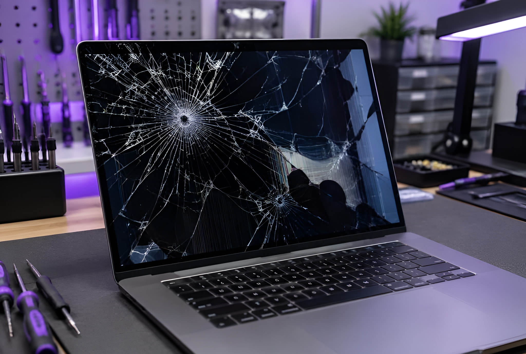 Laptop with a cracked screen on a repair bench